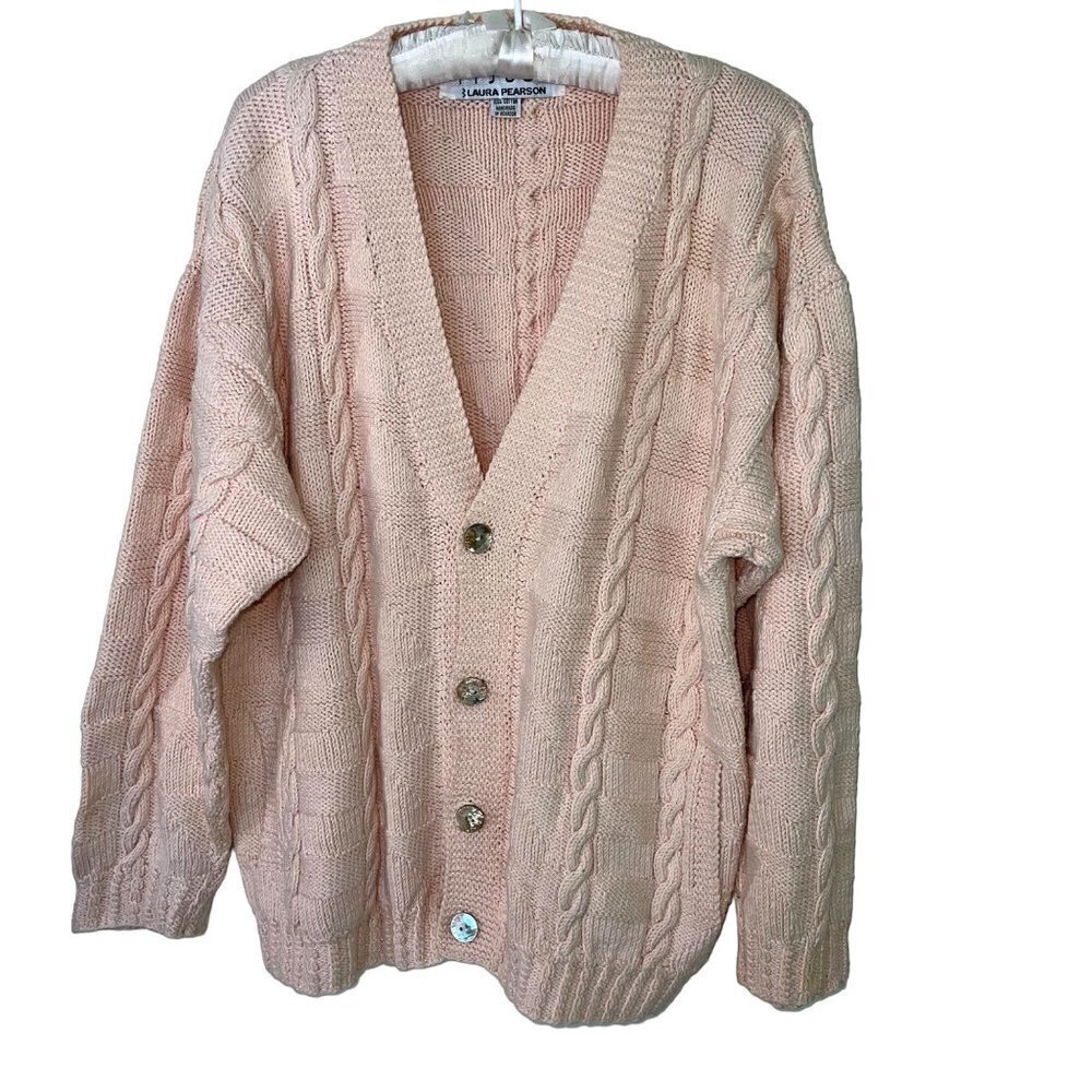 Tijuca Laura Pearson Womens Cardigan Pink Size Medium Chunky Cable Knit Cropped